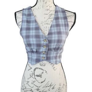 Aeropostale Women's Size Small Gray Blue Plaid Cropped V-Neck Button Down Vest